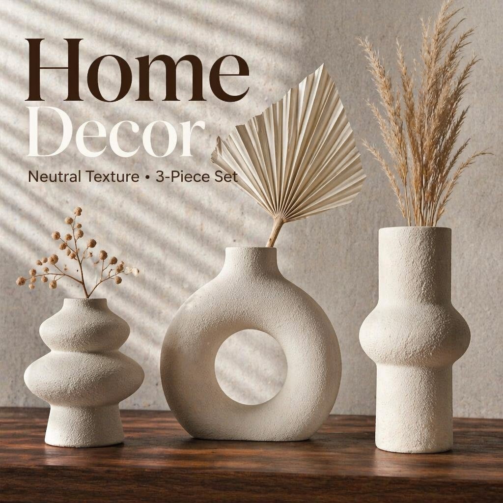 Palm Leaf Dried - 3er-Pack Hohlring-Vasenset mit rauer Textur, Öko-PLA,