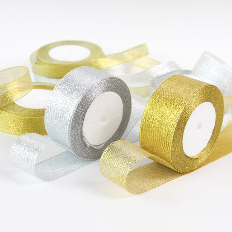 Ribbon Organza Roll - Gold-/Silber-Organza-Zwiebelband, 25 Yards/Rolle, Bänder, 3–6–10–12–15–20–25–3,8–5 mm,